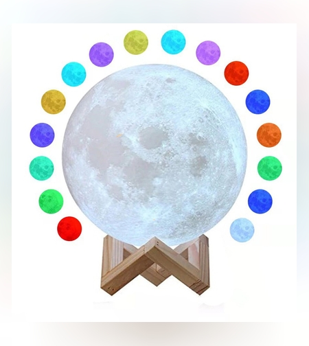 Lampa de veghe luna 3D Moon Light, lumina multicolora cu LED, 7 culori, schimbare culoare prin atingere, alimentare baterii, fara acumulator, stand din plastic inclus, 18 cm, Flippy