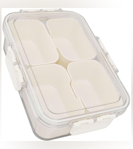 Cutie Alimentara Multifunctionala, Flippy, pentru Condimente, Gustari,  Inchidere Etans, cu Capac si Maner, 4 Compartimente, 25 x 8 x 18 cm, Alb