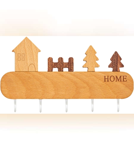 Suport pentru Chei, Flippy, din Lemn, Aplicare fara Perforare, Adeziv Inclus, 5 Carlige Albe, Model Casuta, Greutate Suportata 5 kg, 13.5 x 23 cm, Maro