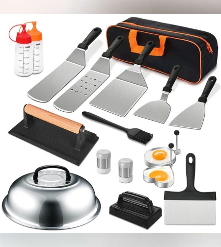 Ustensile pentru Gratar, Flippy, Set din 17 Ustensile pentru Gratar cu Preparare de tip Plita, Ustensile din Otel Inoxidabil cu Manere din Plastic PP, cu Geanta, Negru