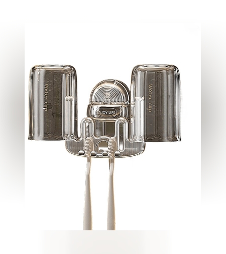 Suport Multifunctional Dublu, Pahar si Suport pentru Periuta de Dinti, Flippy, Plastic, 11 cm x 11.5 cm, Transparent