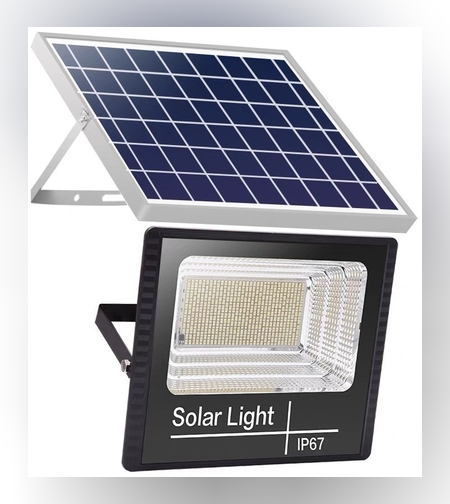 Proiector LED/Lampa solara de exterior Flippy, 22 cm x 27 cm, Rezistent la Apa IP67, cu Panou Solar, 281 LED SMD, 100W, Senzor de lumina, Timer, cu Telecomanda, 2 moduri de iluminat, kit montaj inclus, Lumina Rece