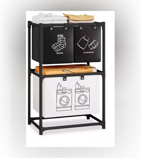 Cos de Rufe, Flippy, cu 2 Etaje, Flippy, 3 Cosuri, Cadru de Otel Inoxidabil, 97x28x57 cm, Negru