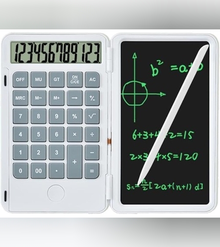 Calculator de Mana Reincarcabil cu Tabla de Scris, Flippy, Calculator Portabil, Ecran LCD, Afisaj cu 12 Cifre, Ecran de 15 cm, Culoare Alb