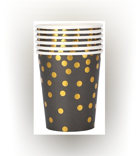 Set 10 Pahare, Flippy, Imprimeu cu Buline, din Carton, 250 ml, 7.5 x 8.5 x 5.2 cm, Negru/Auriu