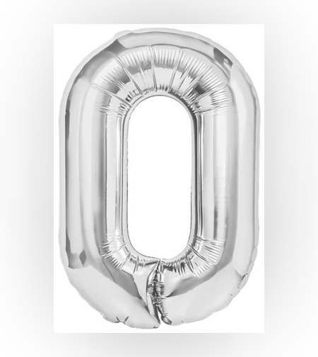 Balon din Folie Metalizata, Flippy, Figurina Cifra, Tema Aniversare 100 cm, Ambalaj Individual, Pai inclus, Umflare cu Aer sau Heliu, Argintiu, Cifra 0