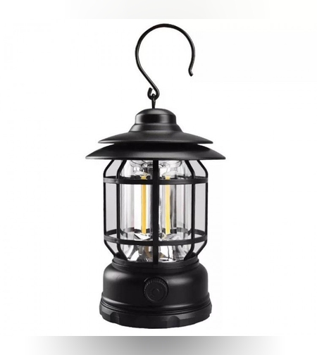 Lampa portabila camping, Felinar Vintage cu carlig, ABS, Iluminare 21 COB LED, Intensitate reglabila, 5W, Flippy, Negru