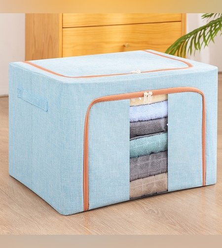 Cutie de Depozitare Pliabila, Flippy, 24 L, din Bumbac si In, 40x30x20 cm, Fereastra Frontala, 2 Usi de Acces cu Fermoar Bidirectional, Cadru Metalic, Suport Baza Stabil din Plastic, Bleu
