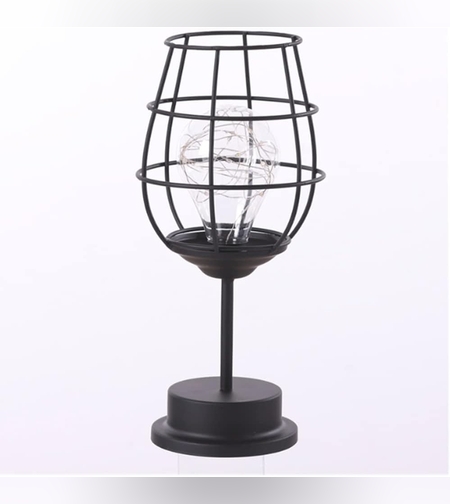 Lampa Decorativa cu Leduri, Flippy, Model Pahar de Vin, cu Baterii, 13 x 13 x 28 cm, Suport Negru, Lumina Alb Cald