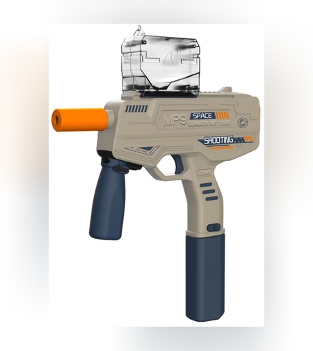 Mitraliera de jucarie electrica Flippy cu bile de hidrogen de gel, gun bluster, tragere in rafala, varsta peste 6 ani, ochelari de protectie,  5000 de bile incluse, cablu de incarcare, 40.1 x 31.6 cm, Mp9, crem