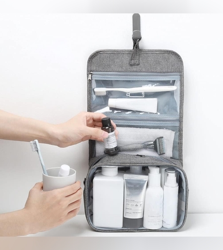 Geanta cosmetice voiaj, Flippy, material panza, impermeabil, 3 compartimente, cu agatatoare, Gri, 47 x 28 x 20   cm