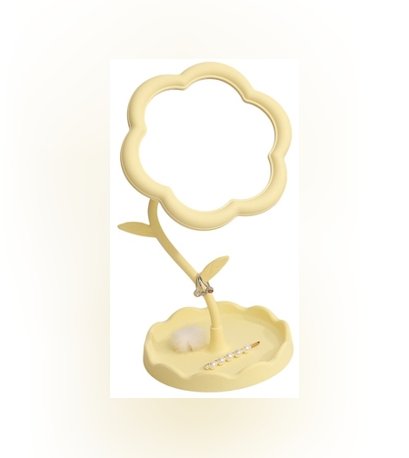 Oglindă de Machiaj pentru Birou, Flippy, Rotativă, Detasabilă, Model de Floarea Soarelui, Suport pentru Inele, cu Depozitare, Galbena