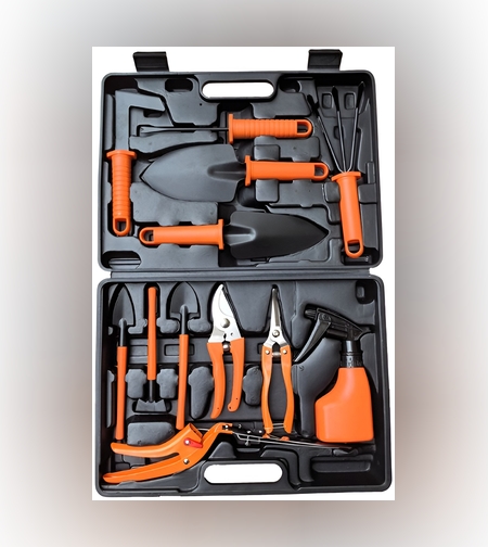 Set 12 Unelte de Gradina, Flippy, pentru Plantare Prelucrare Sol si Ingrijire Plante, Manere Portocalii, Material PVC si Cardboard, Cutie Inclusa, 37x28 cm, Negru