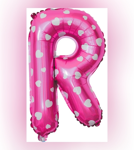 Balon Folie Metalizata Litera R, Flippy, 40 cm, Cu Imprimeu Inimioare, Umflati cu Heliu sau Aer, Ambalaj Individual, Pai inclus, Roz