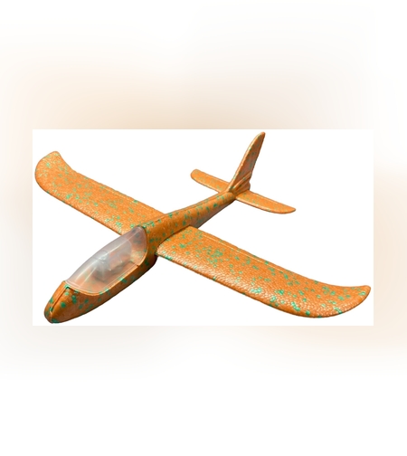 Avion planor din polistiren in punga , lungime 47 cm , cu lumini pe varf, Portocaliu, Flippy