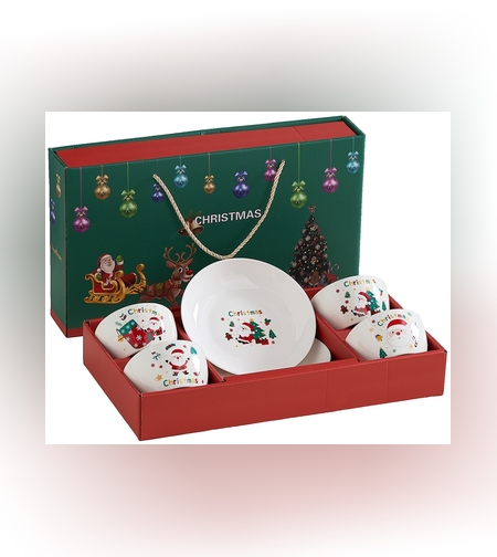 Set Vesela Festiva, Flippy, Tema Craciun, 4 x Boluri 300 ml, 2 x Farfurii 18 x 3.4 cm, din Ceramica, Model 2, Multicolor