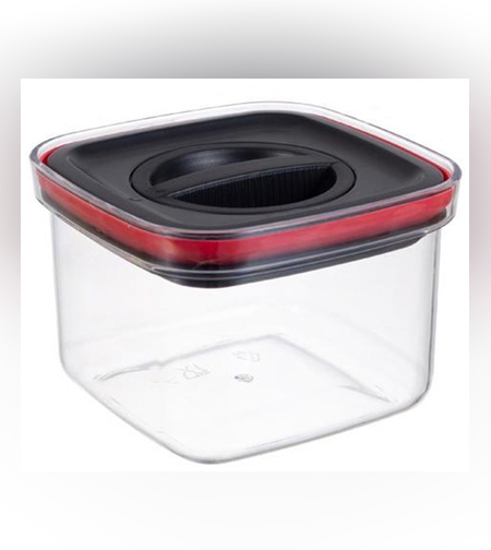 Cutie de Depozitare Alimente, Flippy, Cutie de tip Container, Recipient pentru Cereale in Bucatarie, S 11.5 x 11.5 x 8 cm, volum 600 ml, Transparenta cu Capac Negru