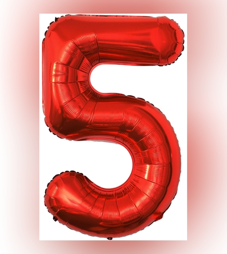 Balon din Folie Metalizata Flippy, Figurina Cifra, Tema Aniversare 80 cm, Ambalaj Individual, Pai inclus, Umflare cu Aer sau Heliu, Rosu, Cifra 5