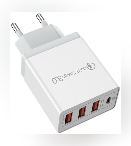 Incarcator Fast Charge pentru Telefon 32W, Flippy, Incarcator Quick Charge cu 3 Porturi USB-A 3.1A & 1 USB-C, Power Delivery 32W, Cap Standard European, Alb
