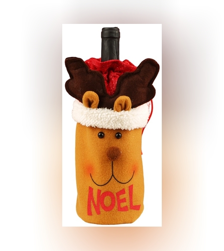 Saculet de Craciun pentru Sticla de Bautura, Flippy, Model Ren Accesorizat, Tematica Petrecere de Craciun, Marime Universala, 13x28 cm, Maro
