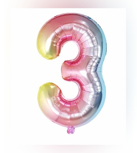 Balon din Folie Metalizata Flippy, Figurina Cifra Gradient, Tema Aniversare 40 cm, Ambalaj Individual, Pai inclus, Umflare cu Aer sau Heliu, Multicolor, Cifra 3