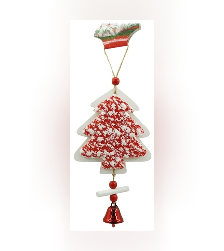 Ornament de brad pom de craciun din tweed, Flippy, alb/rosu, lemn, 18 cm