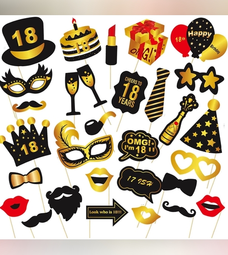Set Accesorii pentru Petrecere, Flippy, Props pentru Coltul de Poze, pentru Majorat, Aniversare 18 Ani, Ochelari, Palarii, Mustata, Cravata, pentru Evenimente, Multicolor