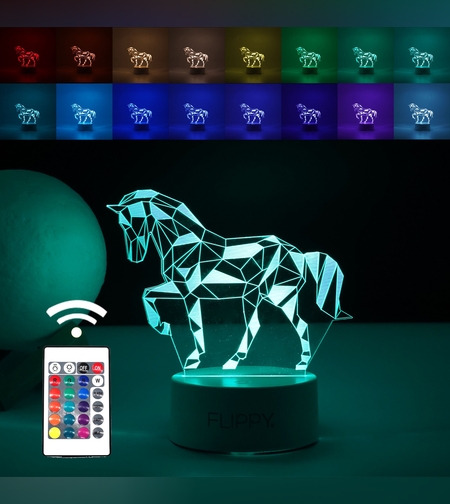 Lampa LED decorativa, Flippy, 3D, Cal, cu telecomanda, doua moduri de alimentare USB si baterii, 20 cm inaltime, din material acril si lumina multicolora, alb
