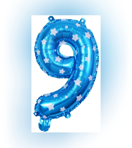 Balon din Folie Metalizata Flippy, Figurina Cifra, Imprimeu Stele, Tema Aniversare 80 cm, Ambalaj Individual, Pai inclus, Umflare cu Aer sau Heliu, Albastru, Cifra 9