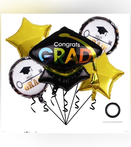 Baloane cu tematica Absolvire, Flippy, set din 5 baloane, 1 Figurina Toca, 2 stele, 2 rotunde, din folie de aluminiu, 70 x 40 cm, Aer si Heliu, Auriu Negru