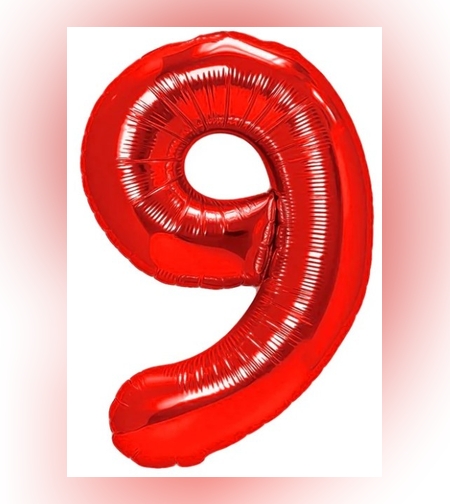 Balon din Folie Metalizata Flippy, Figurina Cifra, Tema Aniversare 40 cm, Ambalaj Individual, Pai inclus, Umflare cu Aer sau Heliu, Rosu, Cifra 9