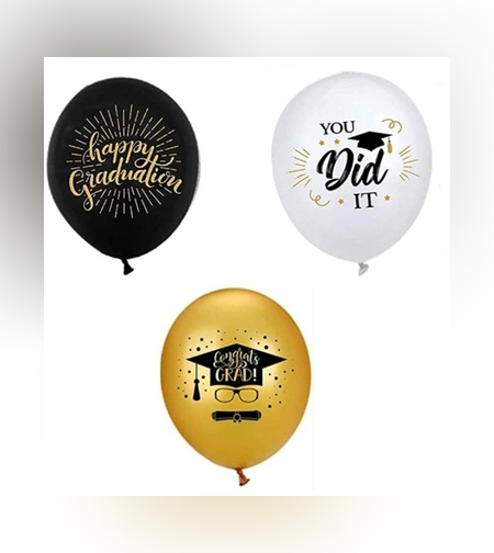 Set 10 Baloane din Latex Metalizate, Flippy, Model Absolvire, Negru Auriu Alb, 23 cm, 1.4 g