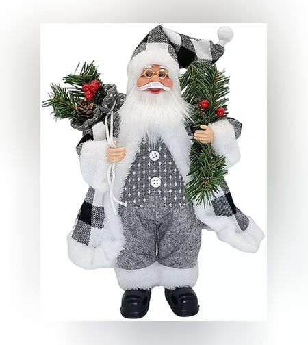Figurina Decorativa Craciun, Flippy, Mos Craciun cu Crenguta de Brad, 30 x 10 x 17 cm, Material Plastic+Textil, Interior/Exterior, Alb/Gri