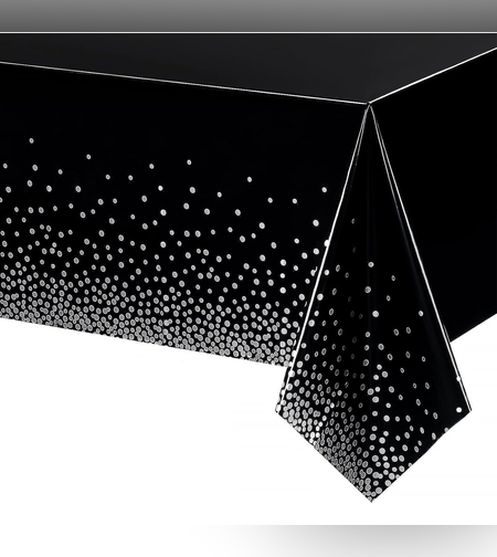 Fata de Masa, Flippy, din PEVA, Imprimeu Buline Argintii, 137 x 274 cm, Impermeabila, Fara Pete, Curatare Rapida, Negru