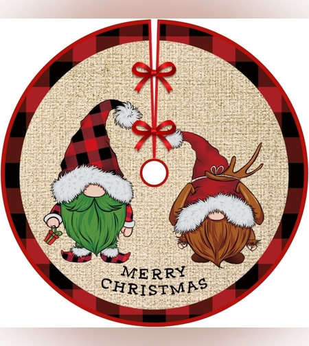 Covoras pentru Bradul de Craciun, Flippy, din Tesatura Pufoasa, cu Fundite de Prindere, Model Gnomi, Multicolor, Diametru 90 cm