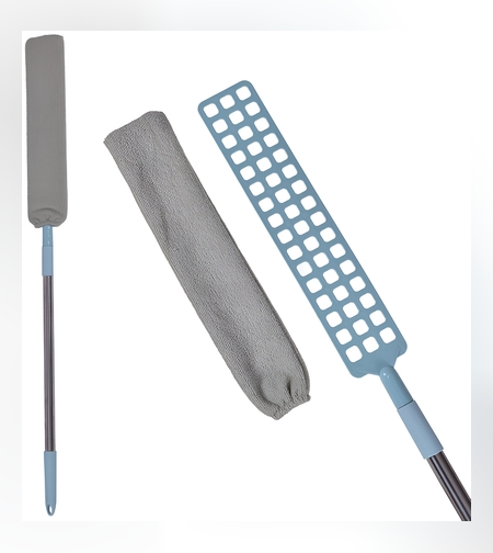 Pamatuf pentru Curatat Praful, Flippy, Model Slim pentru Zone Greu Accesibile, Maner Extensibil, Laveta Microfibra Inclusa, Usor de Curatat, Albastru Gri