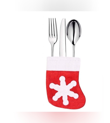 Husa decorativa festiva pentru 3 tacamuri Flippy, model soseata cu fulg, material textil si poliester, 14 x 8 cm, rosu