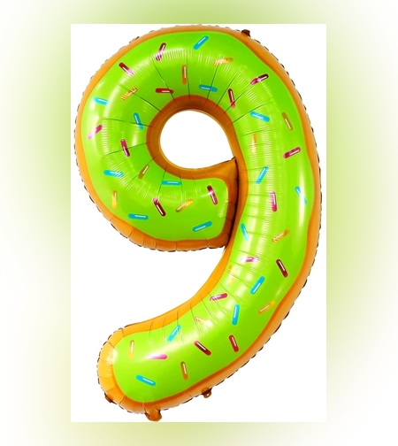 Balon din Folie Metalizata Flippy, Figurina Cifra, Imprimeu Gogosi, Tema Aniversare 100 cm, Ambalaj Individual, Pai inclus, Umflare cu Aer sau Heliu, Multicolor, Cifra 9