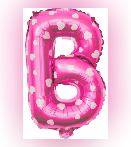 Balon Folie Metalizata Litera B, Flippy, 40 cm, Cu Imprimeu Inimioare, Umflati cu Heliu sau Aer, Ambalaj Individual, Pai inclus, Roz