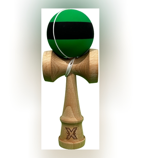 Kendama X Originala, Flippy, 18 cm, Profesionala, +9 Ani, din Lemn, Model cu Dunga, Negru/Verde