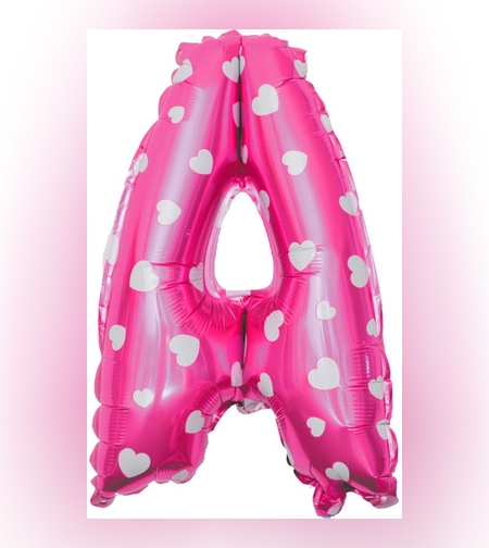 Balon Folie Metalizata Litera A, Flippy, 40 cm, Cu Imprimeu Inimioare, Umflati cu Heliu sau Aer, Ambalaj Individual, Pai inclus, Roz