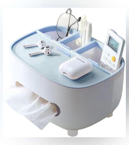 Suport pentru Servetele, Flippy, Cutie Multifunctionala, Design Minimalist, ABS, cu Suport pentru Obiectele Personale, pentru Birou, 21x12x12 cm, Albastru