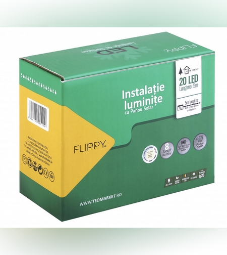 Instalatie Craciun, 5 metri, 20 de LED-uri cu ornament tip Bulb, 8 jocuri de lumini alb cald, cu energie solara, liniar, cablu verde, interior/exterior, Flippy