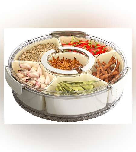 Cutie de Depozitare pentru Alimente, Flippy, cu 6 Compartimente, pentru Condimente, Fructe, Legume, cu Manere de Prindere, Rotativa 360 de Grade, Inchidere Ermetica, 32x10 cm, Alba