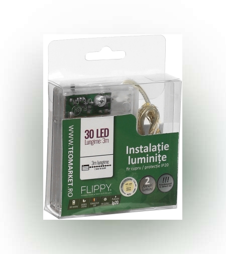 Instalatie de Craciun cu Baterii Tip Liniar, 2 jocuri de lumini, Fir Cupru 3 m 30 LED -uri, Alb Cald