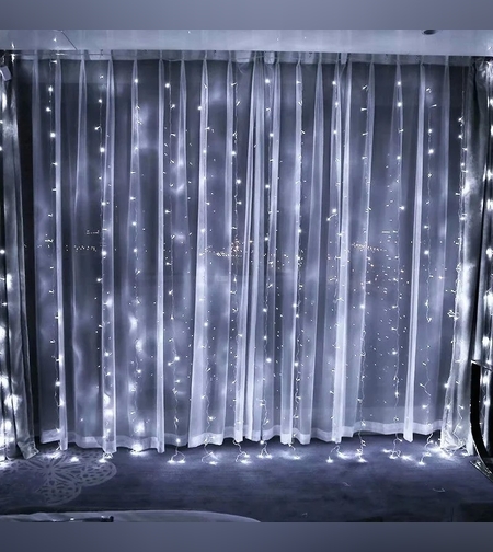 Instalatie Craciun, Tip Perdea, IP44, 9 m x 3 m, 720 LED-uri, Alb rece, cu 8 jocuri de lumini, 31 V, 9W, Interconectabila, Prelungitor 3 m inclus, Fir transparent, Interior/ Exterior, Flippy