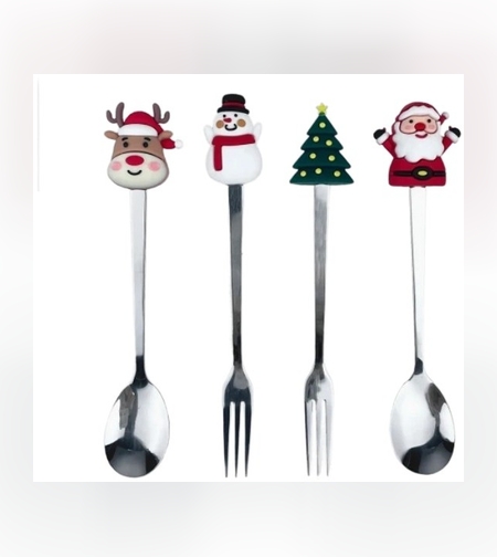 Set 4 Tacamuri, Flippy, cu Figurine de Craciun, din Otel Inoxidabil, 2 Furculite, 2 Linguri, Cutie Festiva, 13.5 cm, Rosu