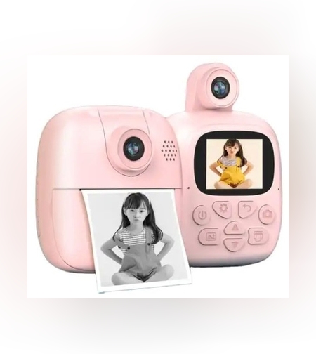 Set Camera Instantanee pentru Copii, Flippy, Camera 180° Selfie, Ecran HD 2'', 24MP, 720P Video, 1200 mAh, cu Functie de Printare Alb-Negru, cablu USB-C, Bluetooth, Compatibil iOS/Android, Imprimare APP, Model Bunny, Roz