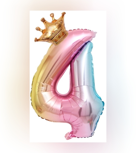 Balon din Folie Metalizata, Flippy, Figurina Cifra Gradient, Tema Aniversare 80 cm, Ambalaj Individual, Pai inclus, Umflare cu Aer sau Heliu, Coronita, Cifra 4