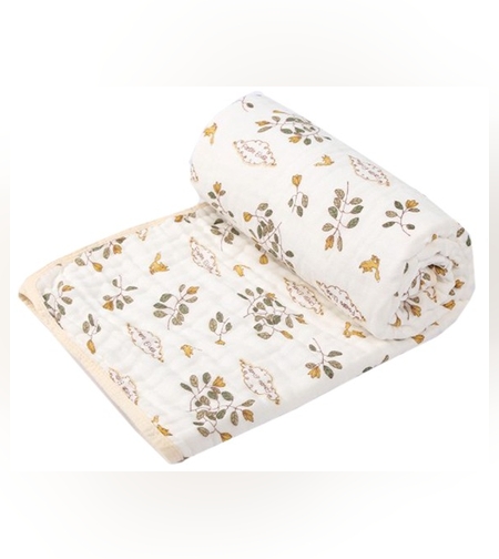 Prosop de baie din bumbac si tifon pentru Bebelusi, Flippy, cu Sase Straturi, pentru Copii, 110x110 cm, Model Frunze, Bej Galben